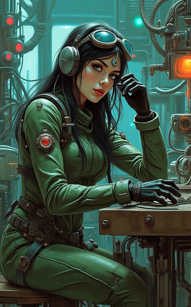 score_9, score_8_up, score_7_up, score_6_up, style of wlop,, 1girl, cyborg, 18 years old, beautiful, Perfect face, surrounded by technology, working on fixing her arm, open circuitry, sitting in a robot repair workshop, a beautiful girl, long black hair, green eyes, pouty lips, wearing a spacesuit, wearing goggles on her forehead, wiping her brow with her hand, space mechanic, mechanic, lots of wires and technology, repairing a robot, looking at viewer, neon lights, dynamic angle, dynamic lighting, very high contrast,cutegirlmix,RetroSci style