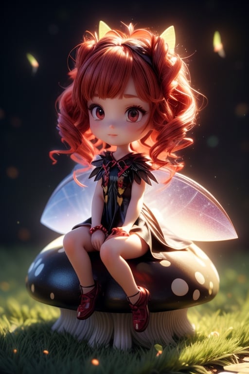 A little fairy with red wavy hair with wings sitting on a mushroom ,  1 girl,  3D MODEL by Jozz on Tensor.Art