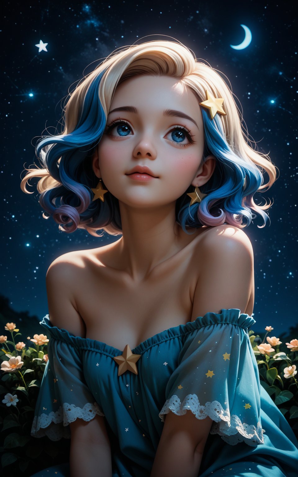 score_9, score_8_up, score_7_up, score_6_up, 1 girl, very thin, (adorable:1.3), (cute:1.3), pretty, (lipstick:0.5), eye shadow, off-shoulder, hair ornaments, (philtrum:0.1), blond hair, night sky, blue, white, looking up,stars, fflixmj6,Expressiveh