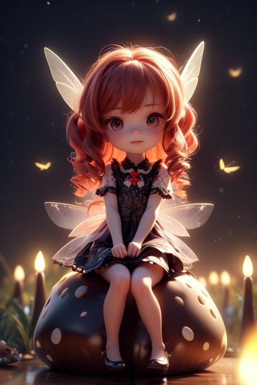 A little fairy with red wavy hair with wings sitting on a mushroom ,  1 girl,  3D MODEL by Jozz on Tensor.Art