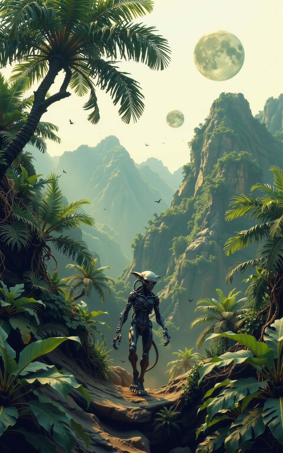 Elements of alien tropical landscape view: green mountains and rivers,  lush green foliage,  dark tones by Jozz on Tensor.Art