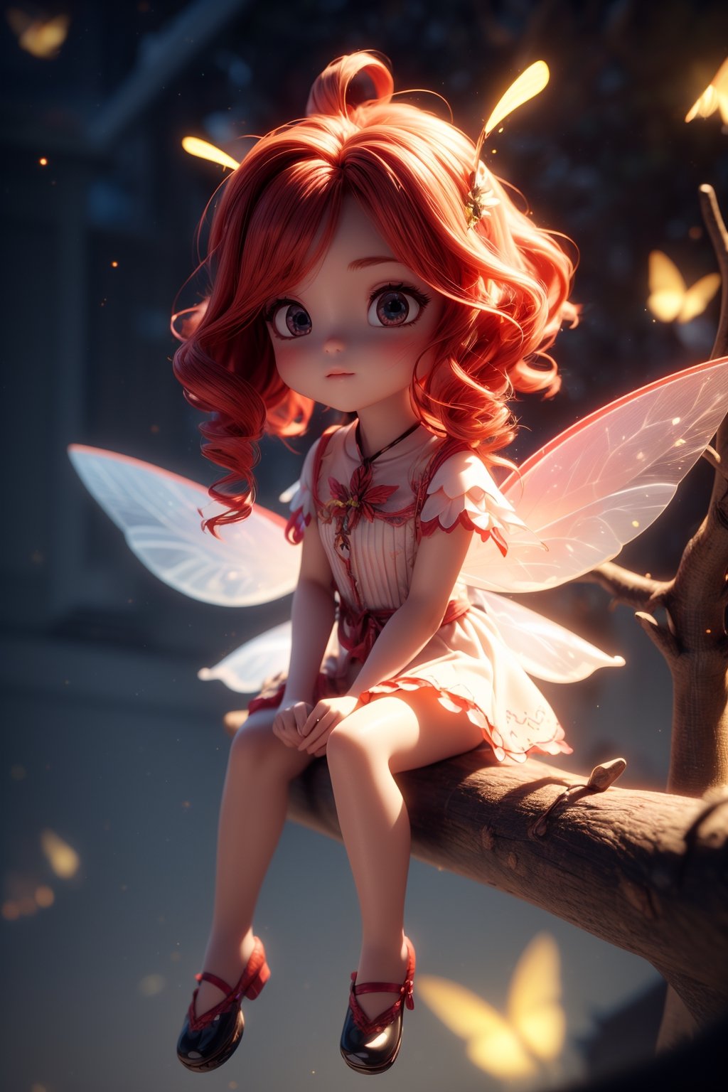 A little fairy with red wavy hair with wings sitting on a branch ,  1 girl,  3D MODEL by Jozz on Tensor.Art