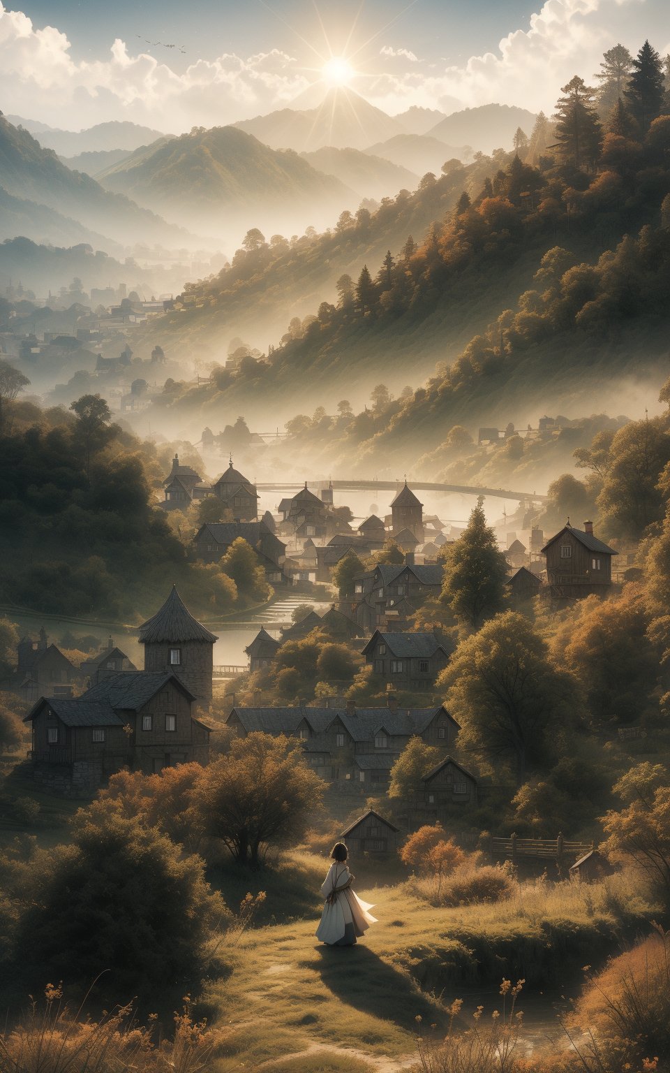 A captivating morning scene illustration the small village, This enchanting artwork captures a serene and peaceful early morning, where the sun is just starting to rise over the beautiful hills and, creating a cinematic experience illustration, cinematic,fantasy,enhance,style,midjourney