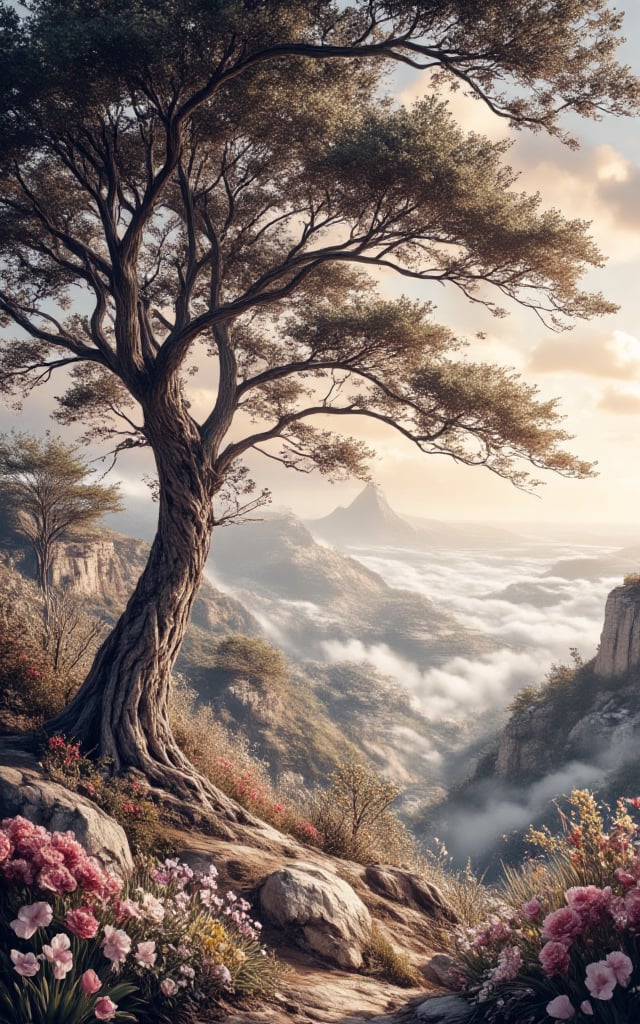 a grove of ancient trees standing together in silence,  a tree surrounded by flowers,  a realistic forest by Jozz on Tenso...