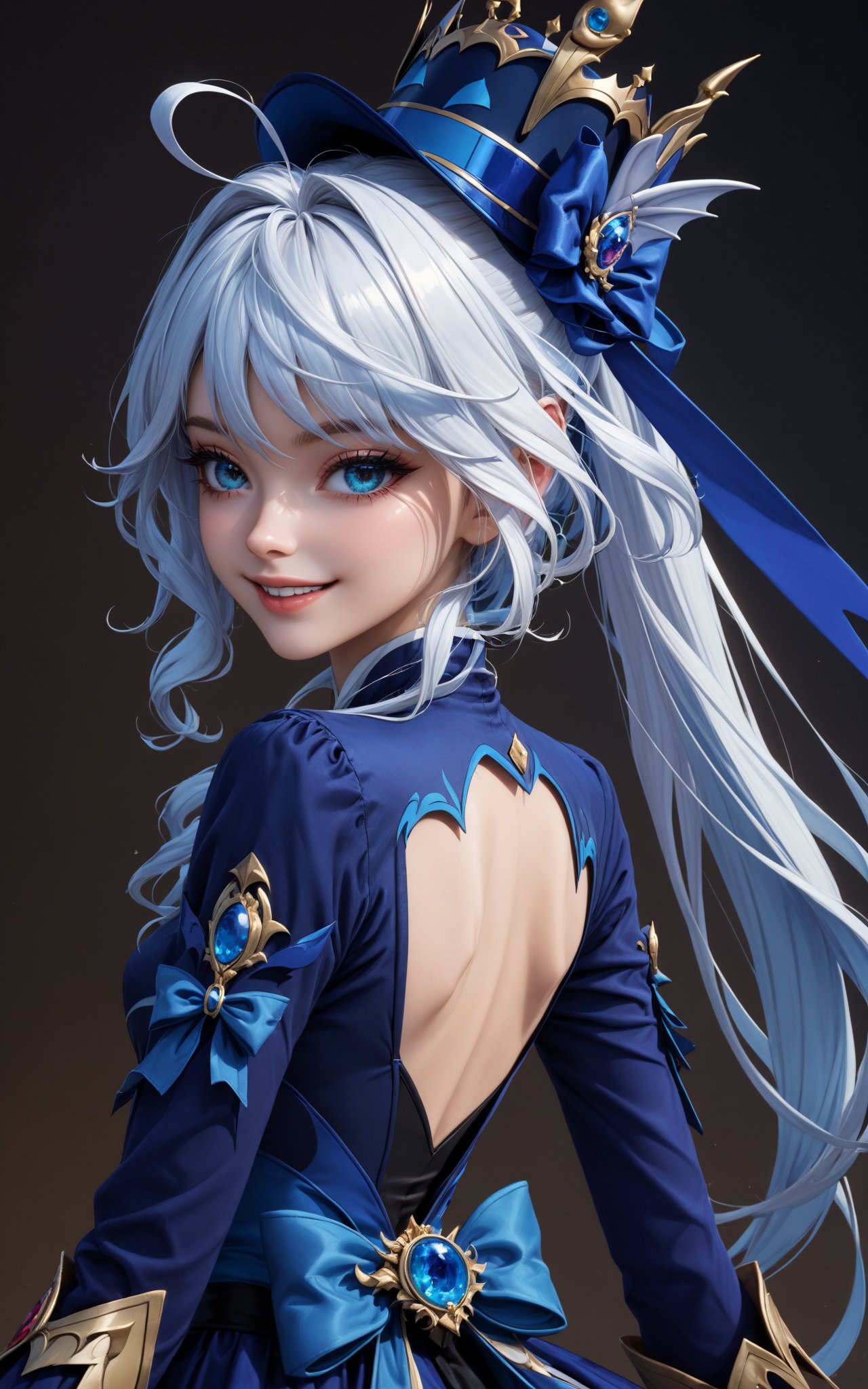 ((masterpiece,best quality)), ink-painting,highres, 1girl, furina, blue bow in white hair, big eyes, smile, long blue sleeves, looking back,(perfecteyes:1.4) eyes, sensual, monika macdonald, alena aenami, artgerm
,concept art,score_9,furinadef,blue eyes