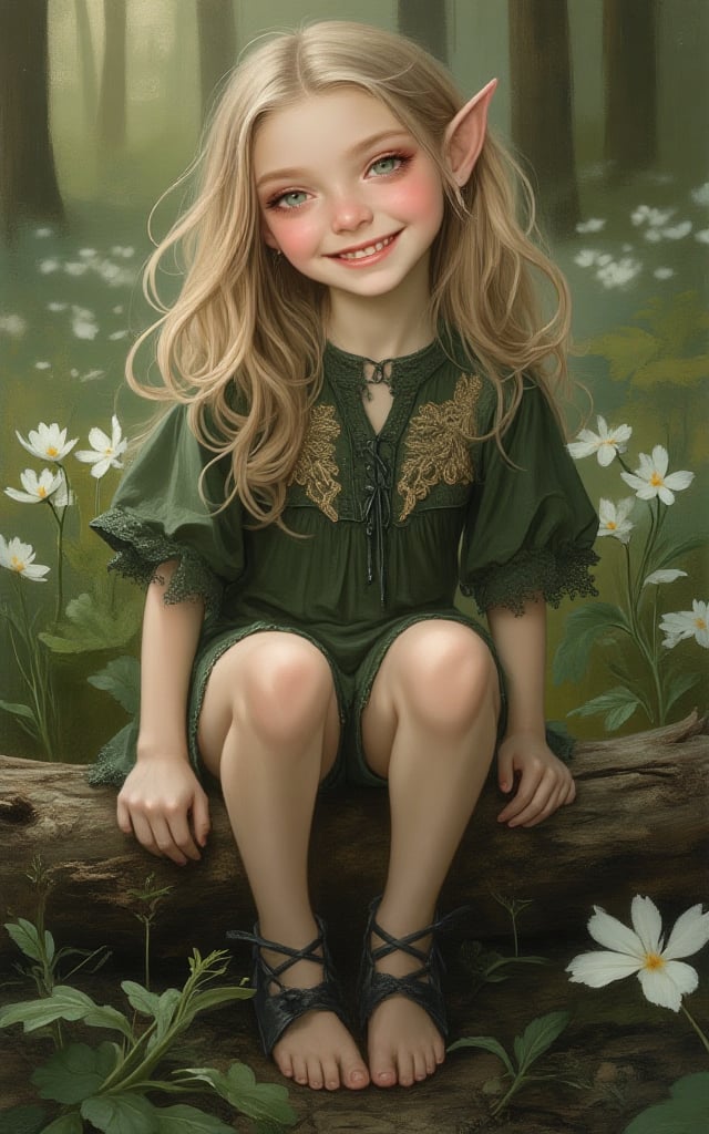 body portrait of an 18-year-old elven woman with a radiant,  big genuine smile that brightens her face. She has long,  lig...