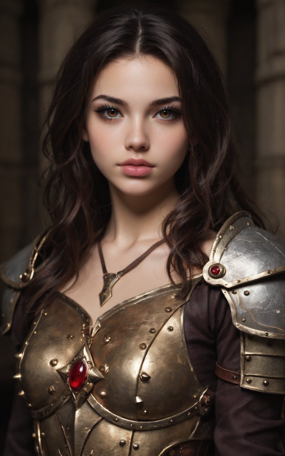 a beautiful female warrior, detailed face, piercing eyes, full lips, long eyelashes, tight-fitting outfit without neckline, metal shoulder pads with spikes, intricate armor, dramatic lighting, realistic, cinematic, dark fantasy, in a castle parapit overlooking the valley, high detail, 8k, hyper detailed, masterpiece