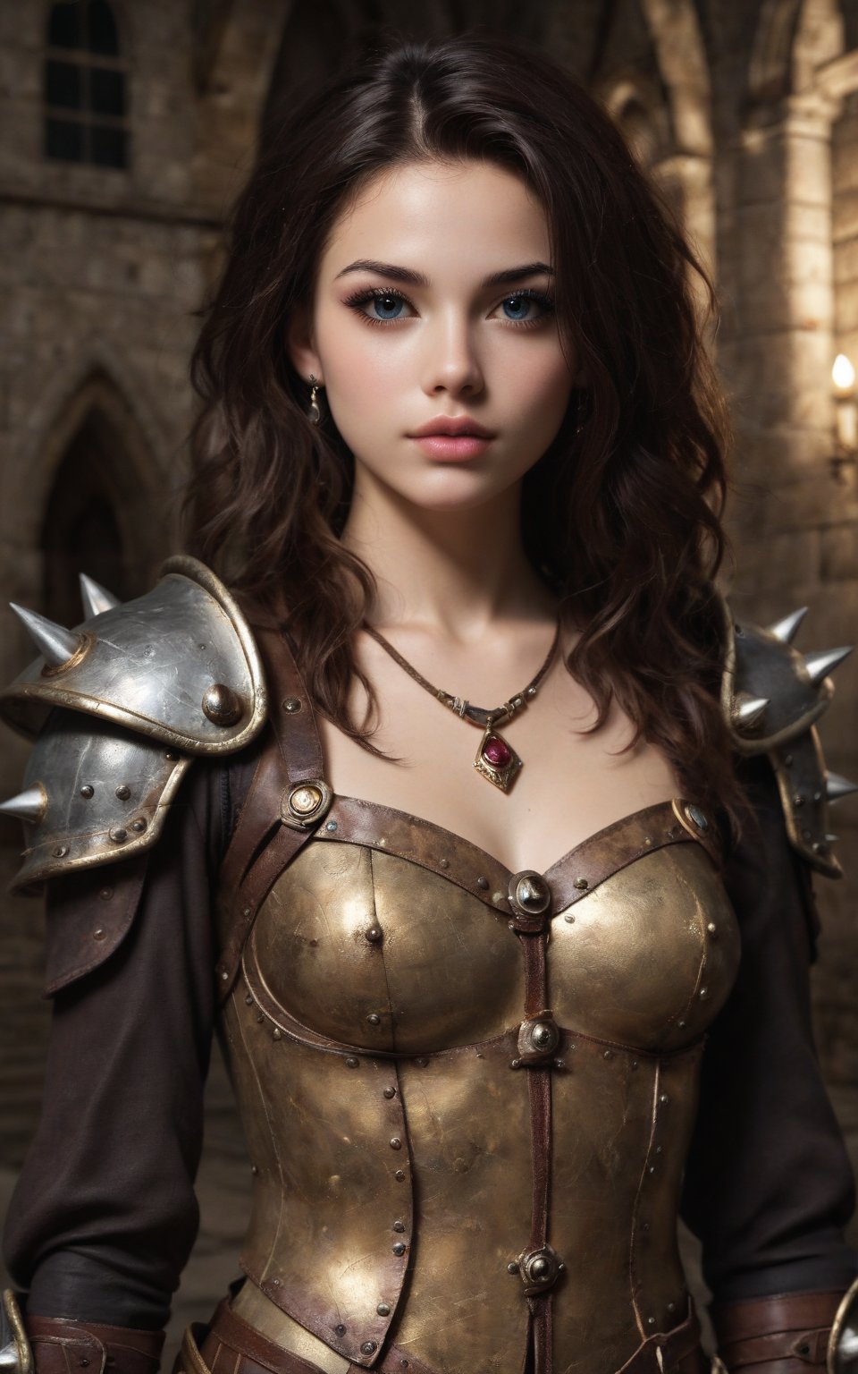 a beautiful female warrior, detailed face, piercing eyes, full lips, long eyelashes, tight-fitting outfit without neckline, metal shoulder pads with spikes, intricate armor, dramatic lighting, realistic, cinematic, dark fantasy, (in a castle parapit overlooking the valley), high detail, 8k, hyper detailed, masterpiece