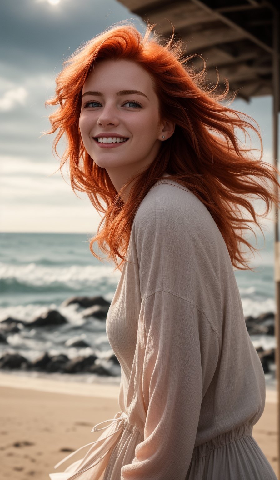 In the given scene, there is a young woman with vibrant flowing red hair, She's wearing cute flowing clothes that contrast nicely with the backdrop, The location appears to be outdoors, where it's super windy, adding a sense of motion and energy to the photo, Despite the threatening appearance of the stormy country background, she seems unbothered and smiling, Her eyes are locked onto something in the distance above, looking up, possibly hinting at an upcoming event or encounter, She has an auric hue around her, giving her an ethereal, otherworldly quality, Overall, this is a sensual and captivating image,  2.5d, realistic, , (&:0),midjourney,1 girl,realism