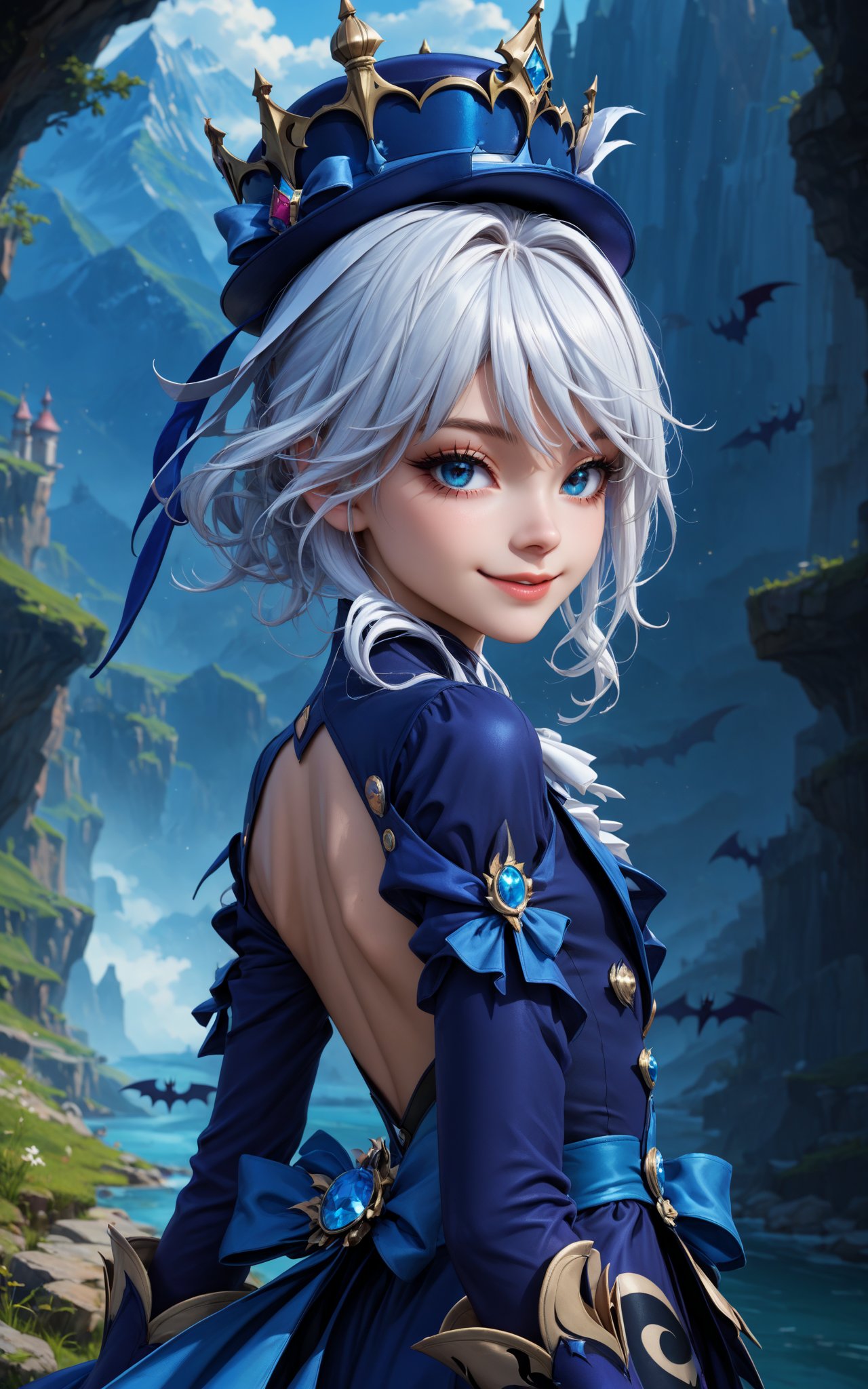 ((masterpiece,best quality)), ink-painting,highres, 1girl, furina, blue hat, white hair, big eyes, smile, long blue sleeves, looking back,(perfecteyes:1.4) eyes, sensual, monika macdonald, alena aenami, artgerm
,concept art,score_9,furinadef,blue eyes