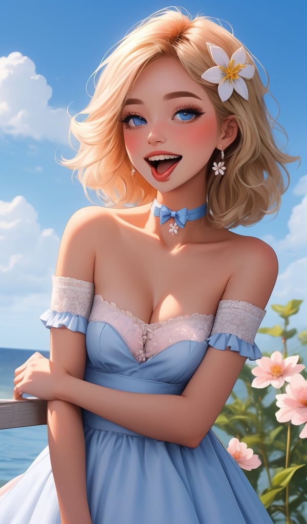 1girl, solo, breasts, flower, smile, open mouth, hair flower, blue eyes, blonde hair, looking at viewer, hair ornament, bare shoulders, blush, outdoors, pink flower, dress, small breasts, :d, choker, teeth, cleavage, day, collarbone, frills, blue dress, sky, upper body, strapless, bangs, blue sky, white flower, blue bow, bow, upper teeth only, arm garter, strapless dress, medium hair, eyelashes, head rest, tongue, lips
,midjourney,SAM YANG