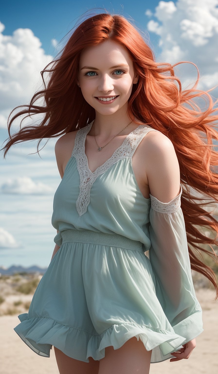 In the given scene, there is a young woman with vibrant flowing red hair, She's wearing cute flowing clothes that contrast nicely with the backdrop, The location appears to be outdoors, where it's super windy, adding a sense of motion and energy to the photo, Despite the threatening appearance of the stormy country background, she seems unbothered and smiling, Her eyes are locked onto something in the distance above, looking up, possibly hinting at an upcoming event or encounter, She has an auric hue around her, giving her an ethereal, otherworldly quality, Overall, this is a sensual and captivating image,  2.5d, realistic, , (&:0),midjourney,1 girl,realism