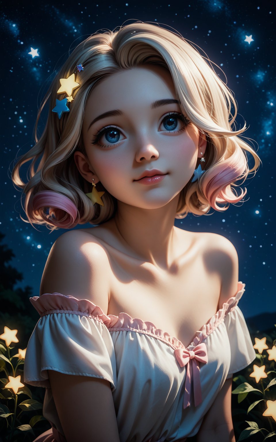 score_9, score_8_up, score_7_up, score_6_up, 1 girl, very thin, (adorable:1.3), (cute:1.3), pretty, (lipstick:0.5), eye shadow, off-shoulder, hair ornaments, (philtrum:0.1), blond hair, night sky, blue, white, looking up,stars, fflixmj6,Expressiveh