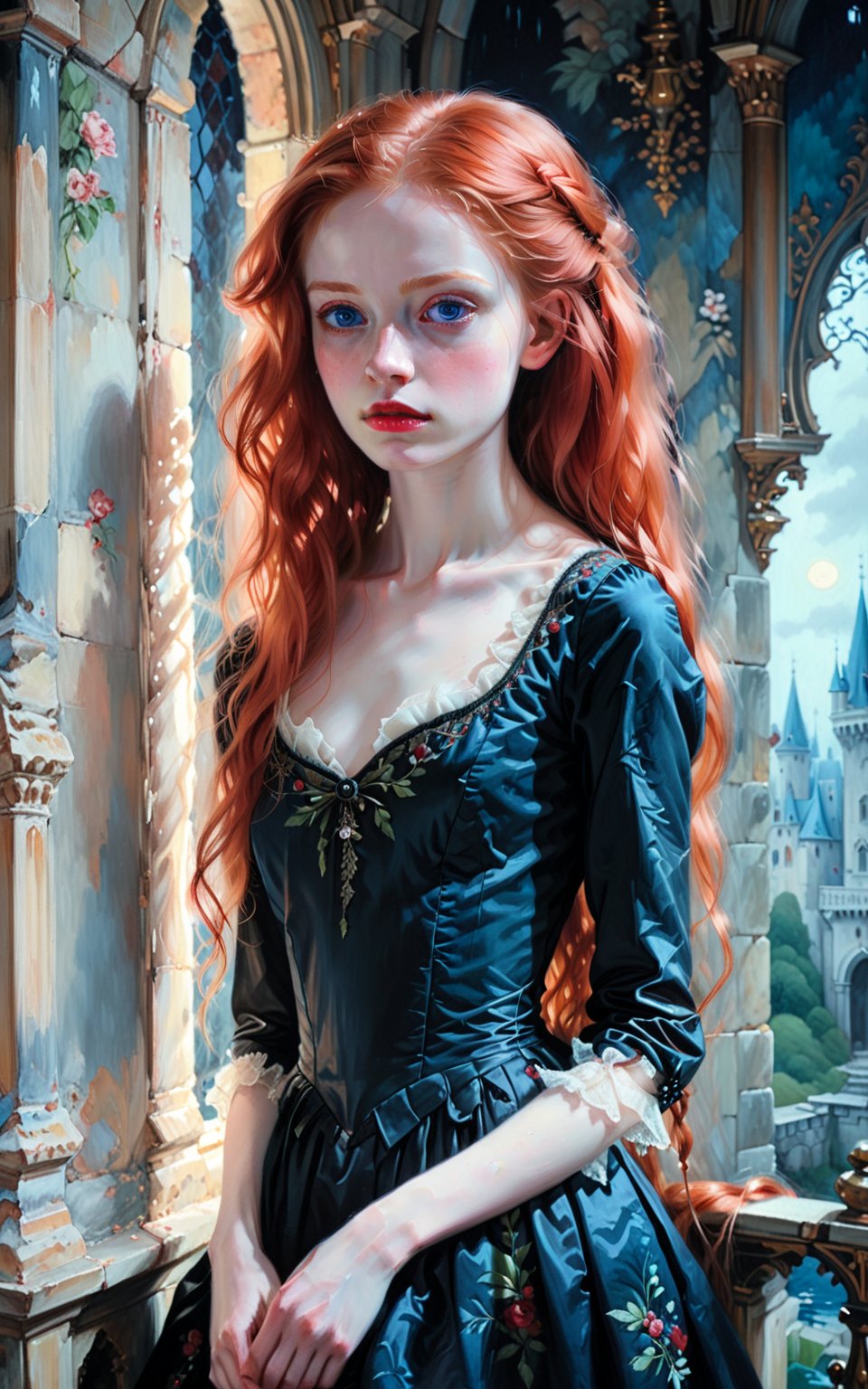 score_9, score_8_up, score_7_up, score_6_up, Portrait, oil painting, long red hair, blue eyes, pale skin, 20 year old skinny princess vampire wearing a 1830s dress in black, innocent and beautiful, inside a dark ornate castle, night, painted by Hsiao Ron Cheng, brush strokes,realistic,real skin,oil paint 