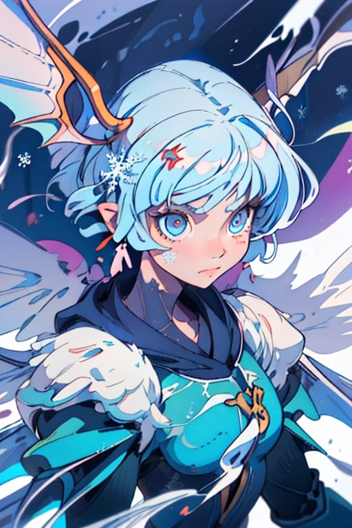 ((best quality)), ((masterpiece)), ((ultra-detailed)), extremely detailed CG, (illustration), ((detailed light)), (an extremely delicate and beautiful), a girl, solo, ((upper body,)), ((cute face)), expressionless, (beautiful detailed eyes), blue dragon eyes, (Vertical pupil:1.2), white hair, shiny hair, colored inner hair, (Dragonwings:1.4), [Armor_dress], blue wings, blue_hair ornament, ice adorns hair, [dragon horn], depth of field, [ice crystal], (snowflake), [loli], [[[[[Jokul]]]]]