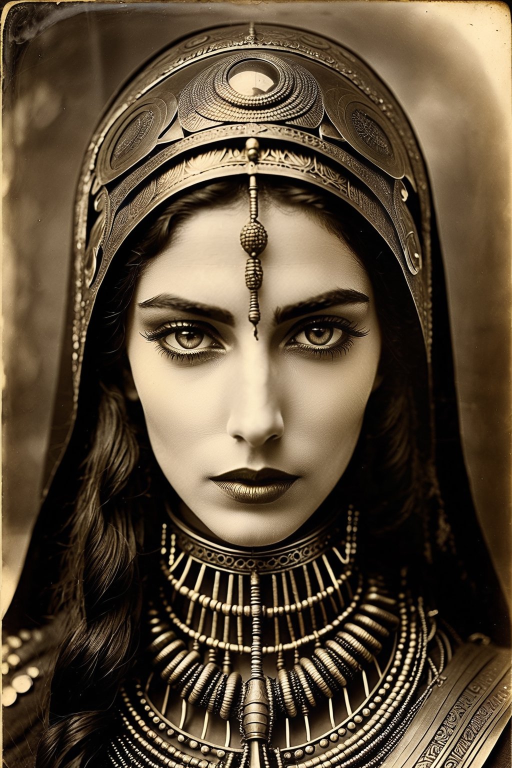 Portrait photo of a beautiful Persian female cyborg from 1920 early photography by Giger in style of midjourney