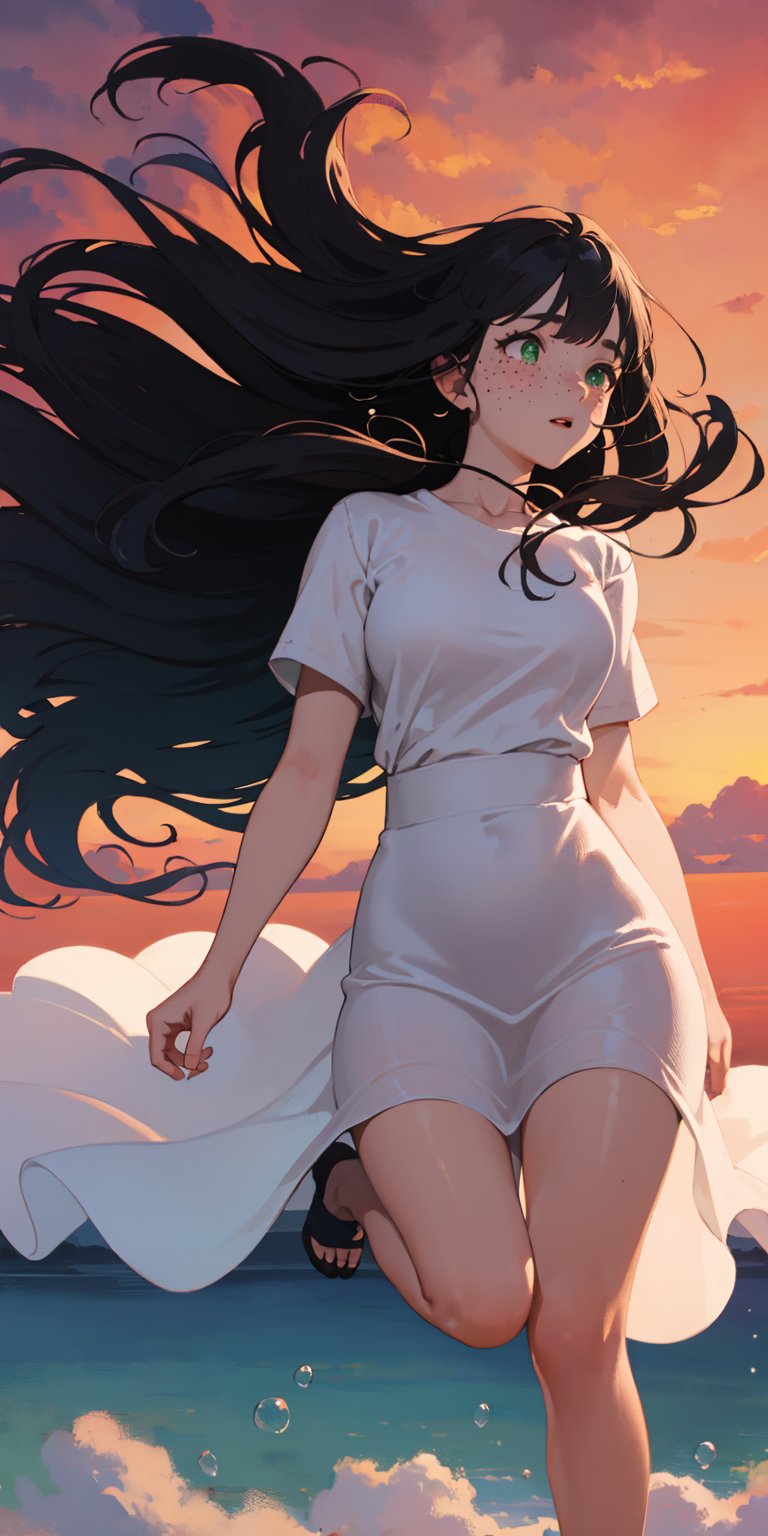 ((masterpiece)), (best quality), (cinematic), a woman in a long white dress, running through an open field, long black hair, bangs, chubby, wide hips, full body, green eyes, freckles on cheeks, wind, detailed face, detailed body, red and orange sky, glow, clouds, vegetation, green plains, floating bubbles, (cinematic, colorful), vast field, (extremely detailed), inspired by Studio Ghibli, EpicSky, cloud, sky, highly detailed, detailed face
