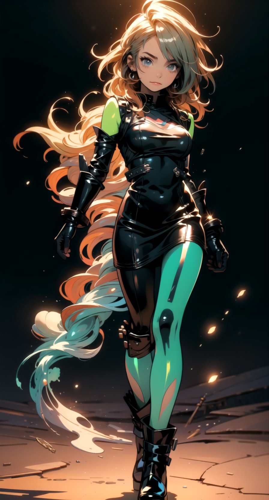 Animescreencap style art of a woman with a cyberpunk-themed outfit,big_boobs,  wearing mechanic cowgirl boots with neon-colored fluid tubes running through them. She holds a Colt peacemaker pistol in her hand, portraying confidence and strength. The 3D rendered scene showcases her in a contrapposto pose, with a square chin and clean-shaven face. The setting features a mix of futuristic alien technology and organic bioluminescence, creating a hyperdetailed and cinematic effect., bokeh, depth of field, | asuna yuuki ,asuna yuuki,HeadpatPOV,tingyun(hsr),Niji Kei,latex