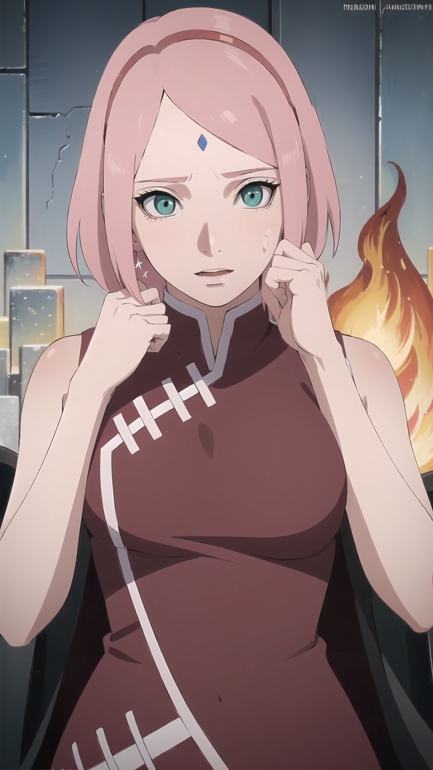 ((masterpiece, best quality)), beautiful woman, power and fire, pink hair, pink color mix, curvy body,sexy, detailed face, perfect eyes, detailed hands, mix of fantastic and realistic elements,uhd image,crystal clear translucency,vibrant artwork
,haruno sakura,red sleeveless dress