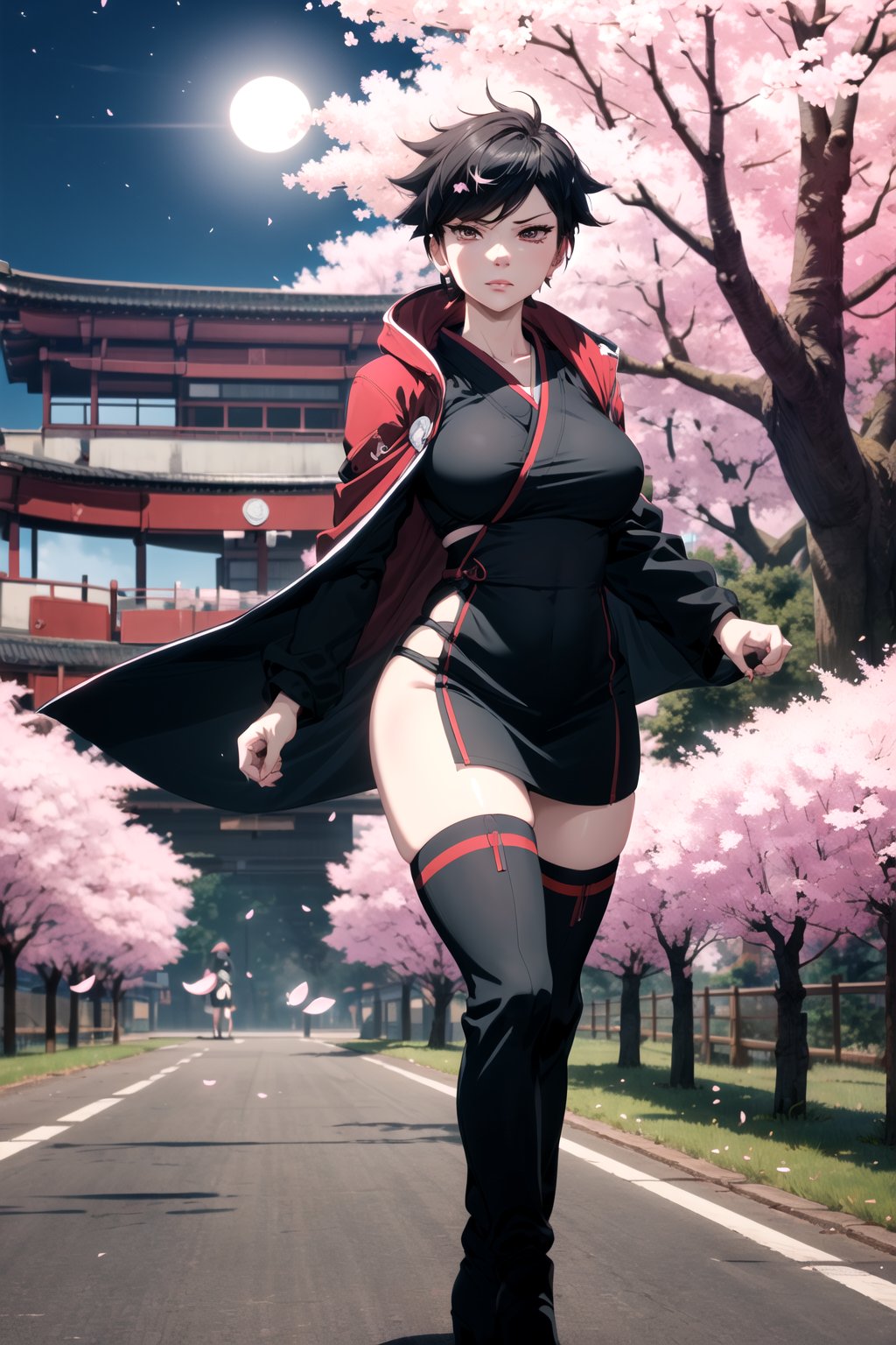 (best quality, 4K, ultra-detailed),((Ultrawide)), 1 girl, furious expression, ((pretty body : 1.7, perfect shape:1.5)), (big breasts), ((1 girl, adorable, happy)), (ultra-realistic),  Tracer in Japanese-inspired attire.,  wears a kimono with steel armor, Rebecca a cherry blossom-themed ninja cloak, Mai a striking bodycon skirt and thigh-high boots, and Tracer in ninja-inspired clothing. The scene is under moonlight with a backdrop of cherry blossoms. Each character's unique features are emphasized in stunning detail.
