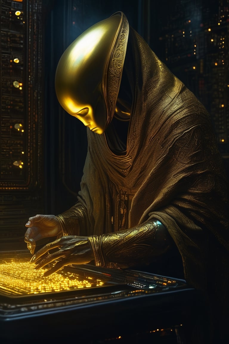 Alien as a monk,  in a robe of gold,  prays to a computer the size of a wardrobe by shahan_ai on Tensor.Art