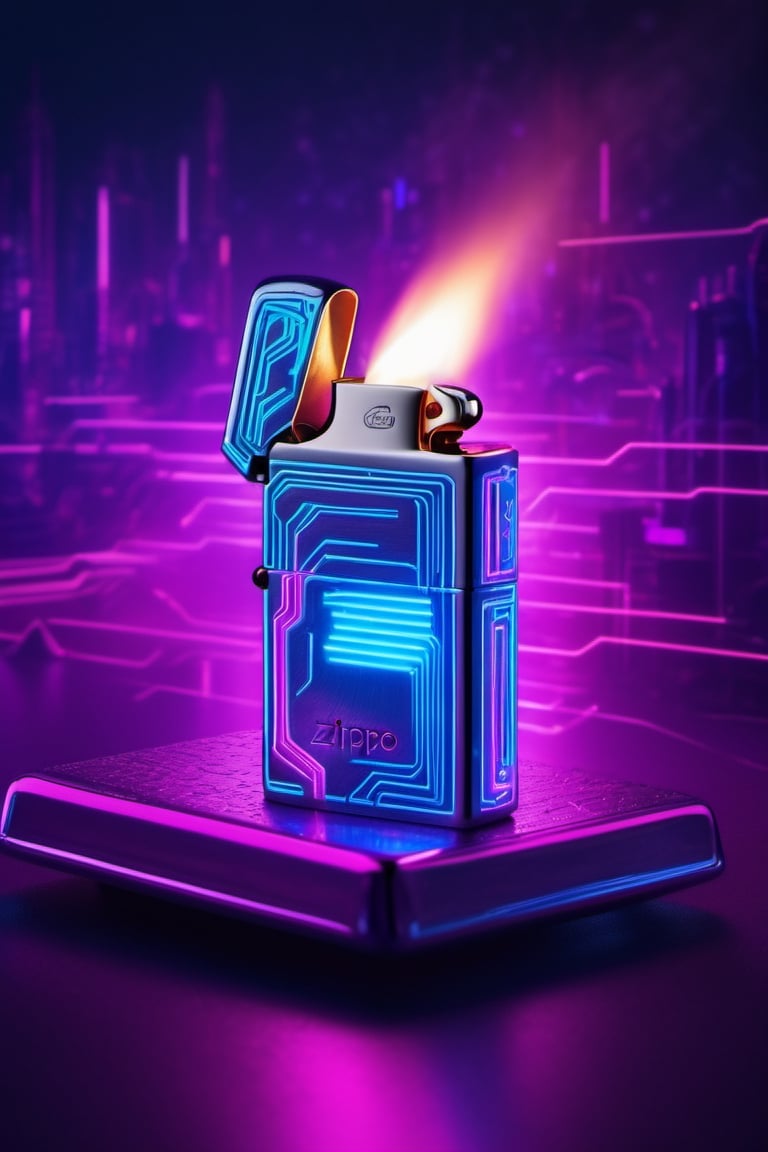 Visualize a Zippo lighter in a futuristic cyberpunk setting, featuring electrifying energy arcs and neon glow. Picture it surrounded by high-tech gadgets and futuristic props, capturing the essence of a cybernetic future.