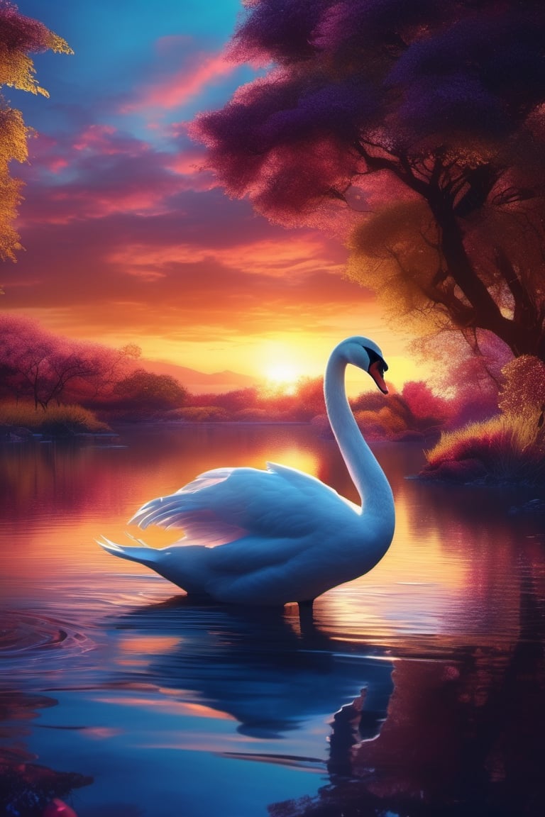 Swan, gorgeous, glittering, shimmering water surface, against the evening sunset, body in scrapbooking patterns, digital graphics, luminism, unreal engine, blender art by artgerm, perfect composition, octane rendering, masterpiece, sharp focus, ultra-realistic, dramatic, fantastic, highly detailed, art station, concept art, perfect composition, complex artistic masterpiece, saturated colours, cinematic visualisation, a model of ultra-high quality, majestic, perfect play of light and shadow, 32k UHD, a complex artistic masterpiece, epic, ultra-high-definition model, hyper-detailing, art direction, sharp focus, intricate details