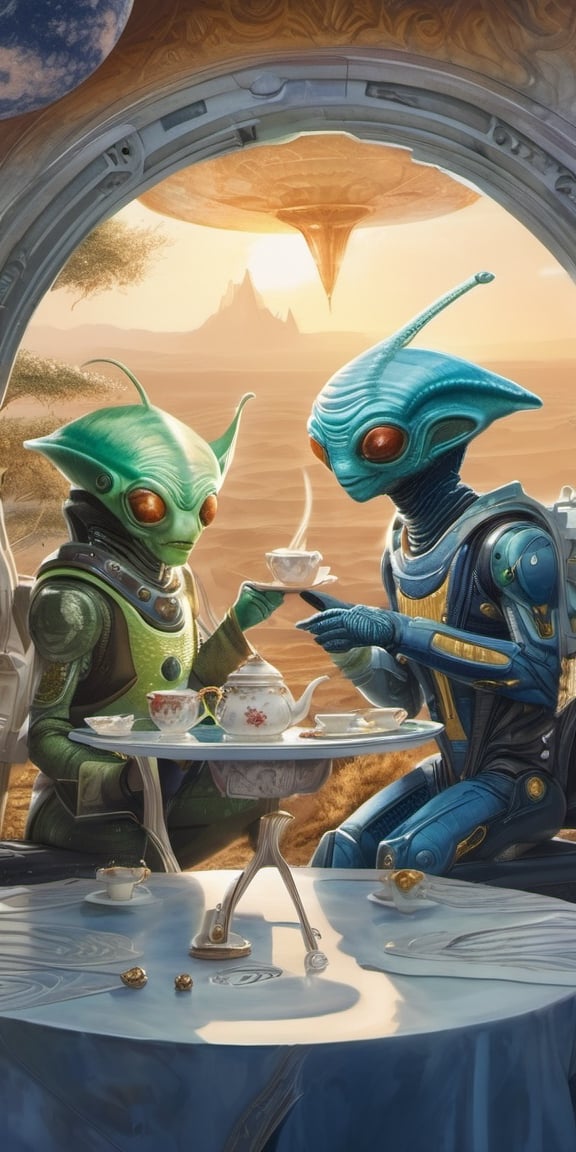 Tea party,  two aliens drinking tea,  unknown planet by shahan_ai on Tensor.Art