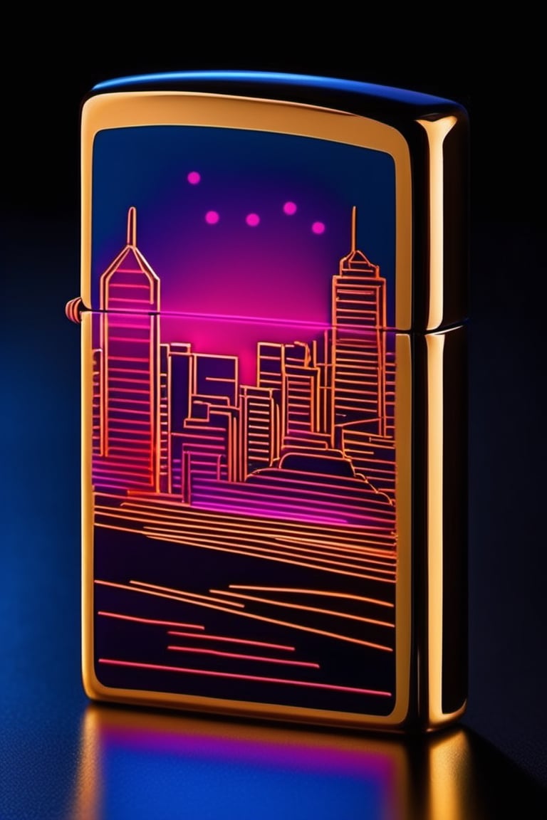 Visualize a Zippo lighter emitting vibrant neon lights, with futuristic cityscapes reflected on its metallic surface. Capture the play of light and shadows, emphasizing the sleek lines and modern aesthetic.