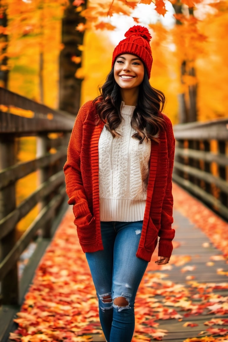 Professional portrait. a beautiful young woman walking across a bridge in the woods,  pexels,  canadian maple leaves on th...