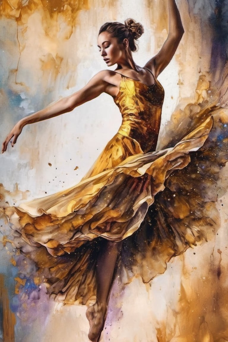 Epic splatter art, alcohol ink, ballet dancer, divine proportion, intricate, cinematic, stunning, highly detailed, 8k, dehazed, atmospheric, hyper-detailed, fantasy realism, sharp focus, hdr, chiaroscuro, mysterious, filigree, luminescent, backlit bezel, golden hour, golden ratio, ideal composition, complex background,photo r3al,glide_fashion