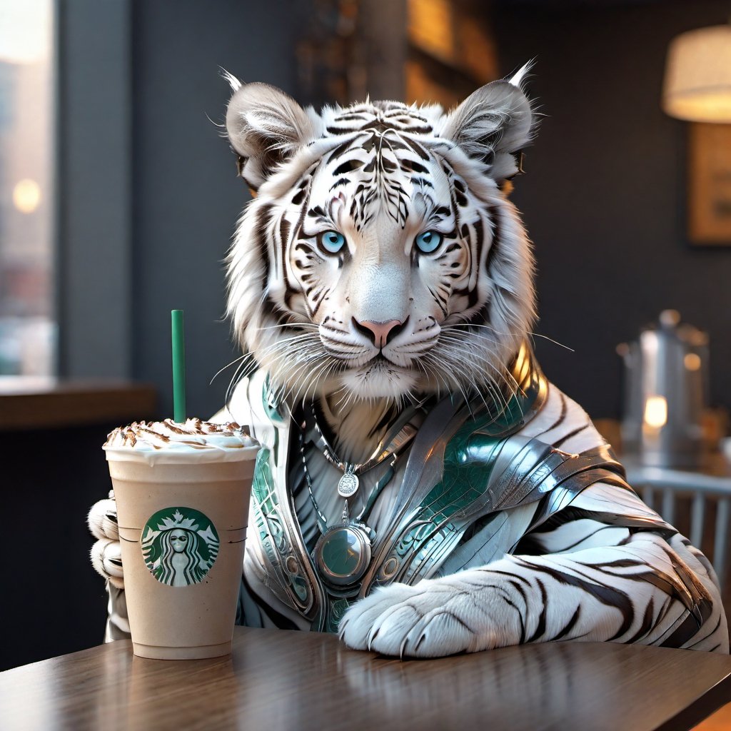 humanoid,white baby tiger , holding a large size cup at coffee in Starbucks ,Intrigued, elegant  costume, detailed, perfect body, colored, ((a paw holding a glass)), a paw on table, looking_at_viewer, big body, silky bristles, (hold chopstiks), Close-up shot. Action camera. Portrait film. Standard lens.  Soft natural light.
sharp focus, 8k, UHD, high quality, frowning, intricate detailed, highly detailed, hyper-realistic,beautymix