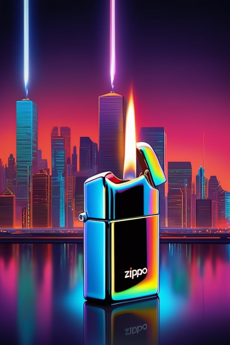 Visualize a Zippo lighter emitting vibrant neon lights, with futuristic cityscapes reflected on its metallic surface. Capture the play of light and shadows, emphasizing the sleek lines and modern aesthetic.,Leonardo Style