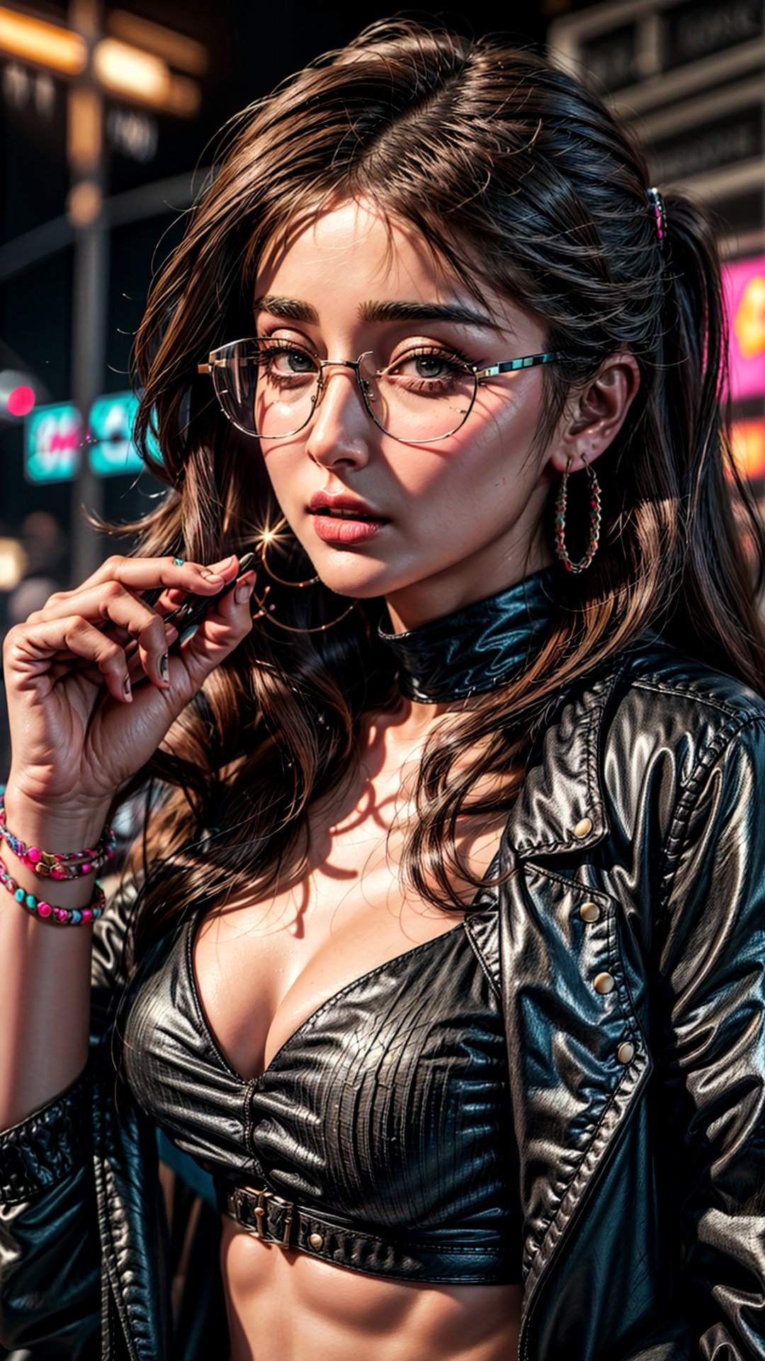 Celebrity  Kareena kapoor, brown  hair, hyper realistic, black frame glasses, rockstar, futuristic, neon, long wavy hair, cellphone, cinematic background, 8k , raw image,perfecteyes