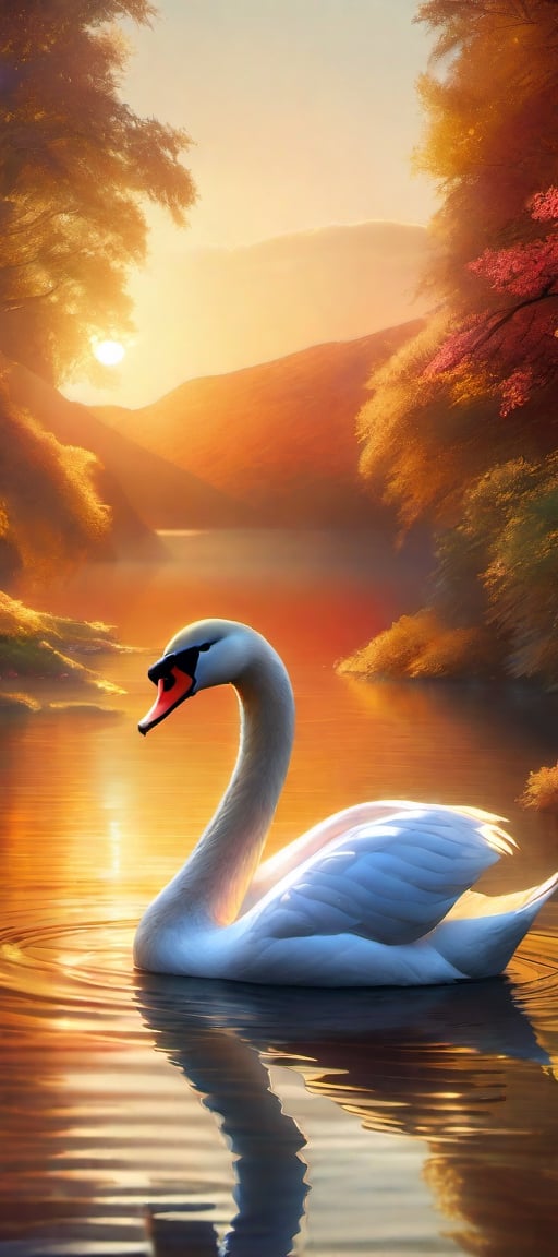 Swan, gorgeous, glittering, shimmering water surface, against the evening sunset, body in scrapbooking patterns, digital graphics, luminism, unreal engine, blender art by artgerm, perfect composition, octane rendering, masterpiece, sharp focus, ultra-realistic, dramatic, fantastic, highly detailed, art station, concept art, perfect composition, complex artistic masterpiece, saturated colours, cinematic visualisation, a model of ultra-high quality, majestic, perfect play of light and shadow, 32k UHD, a complex artistic masterpiece, epic, ultra-high-definition model, hyper-detailing, art direction, sharp focus, intricate details