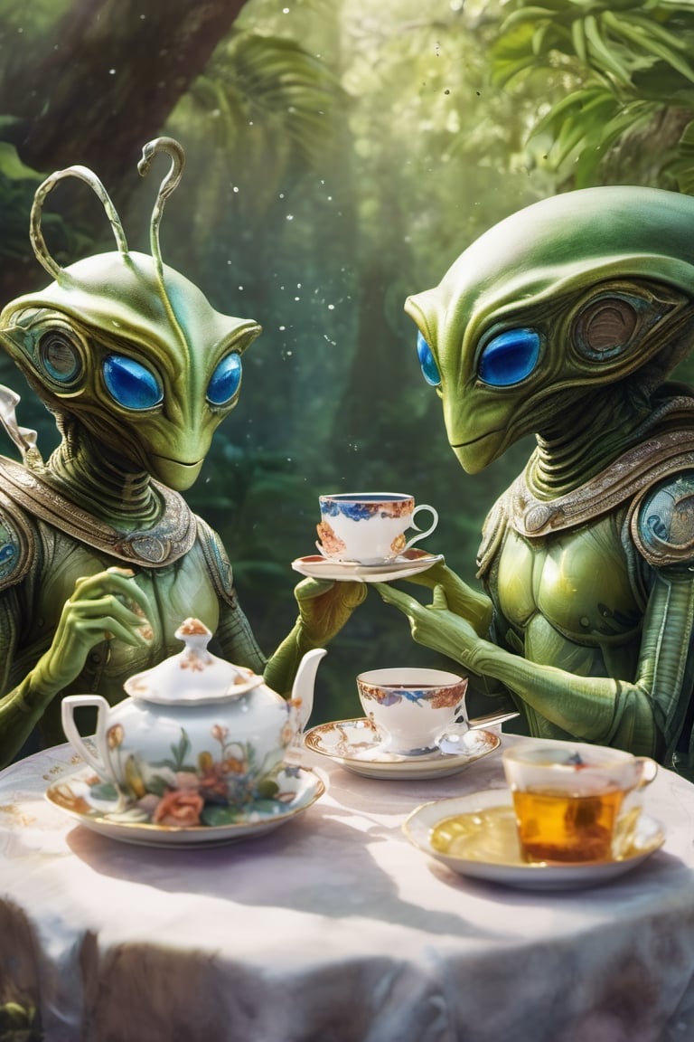Tea party,  two aliens drinking tea,  unknown planet by shahan_ai on Tensor.Art
