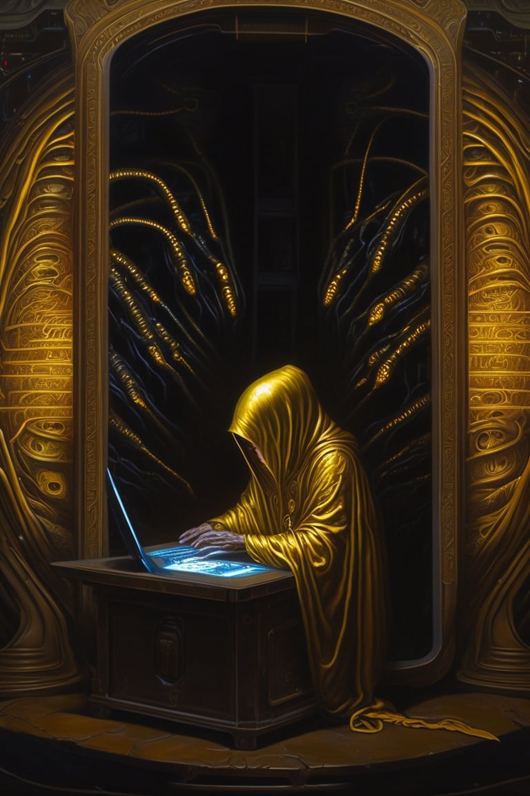Alien as a monk,  in a robe of gold,  prays to a computer the size of a wardrobe by shahan_ai on Tensor.Art