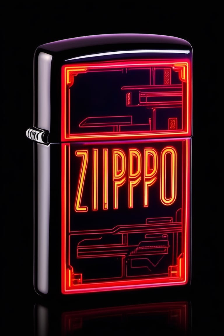  Create a Zippo lighter with a blend of futuristic technology and film noir aesthetics. Picture it in a dimly lit cyberpunk environment, with neon signs reflecting on its polished surface. Emphasize the noir atmosphere while incorporating high-tech elements