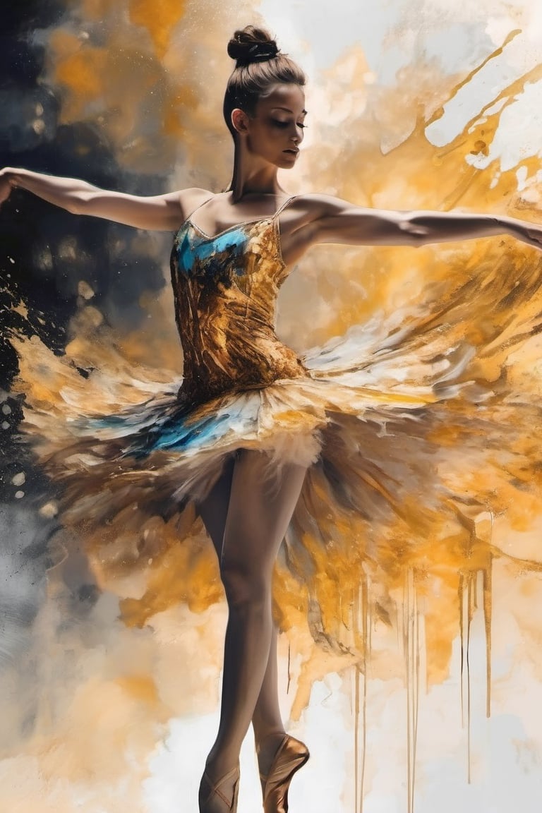 Epic splatter art, alcohol ink, ballet dancer, divine proportion, intricate, cinematic, stunning, highly detailed, 8k, dehazed, atmospheric, hyper-detailed, fantasy realism, sharp focus, hdr, chiaroscuro, mysterious, filigree, luminescent, backlit bezel, golden hour, golden ratio, ideal composition, complex background,photo r3al,glide_fashion