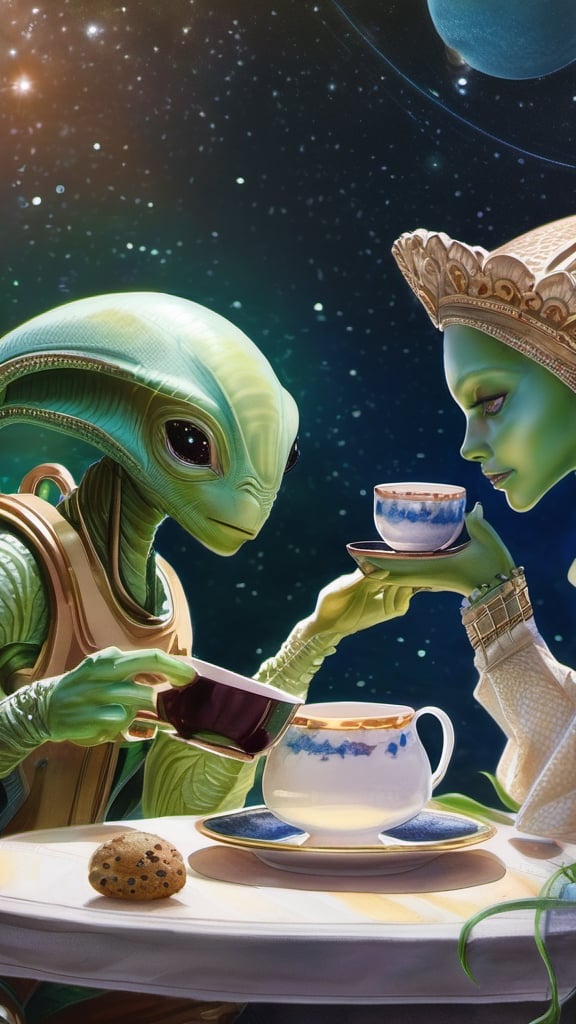 Tea party,  two aliens drinking tea,  unknown planet by shahan_ai on Tensor.Art