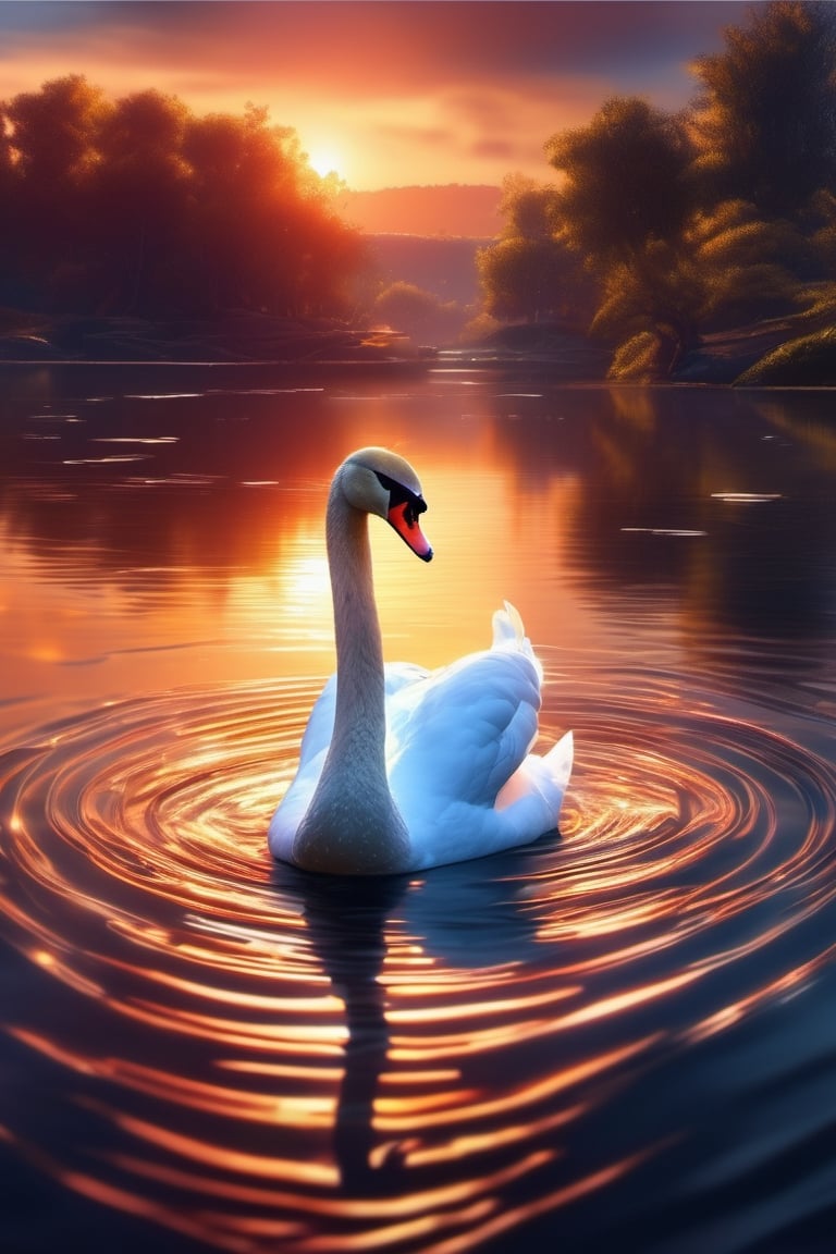 Swan, gorgeous, glittering, shimmering water surface, against the evening sunset, body in scrapbooking patterns, digital graphics, luminism, unreal engine, blender art by artgerm, perfect composition, octane rendering, masterpiece, sharp focus, ultra-realistic, dramatic, fantastic, highly detailed, art station, concept art, perfect composition, complex artistic masterpiece, saturated colours, cinematic visualisation, a model of ultra-high quality, majestic, perfect play of light and shadow, 32k UHD, a complex artistic masterpiece, epic, ultra-high-definition model, hyper-detailing, art direction, sharp focus, intricate details