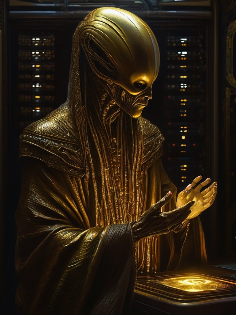 Alien as a monk,  in a robe of gold,  prays to a computer the size of a wardrobe by shahan_ai on Tensor.Art