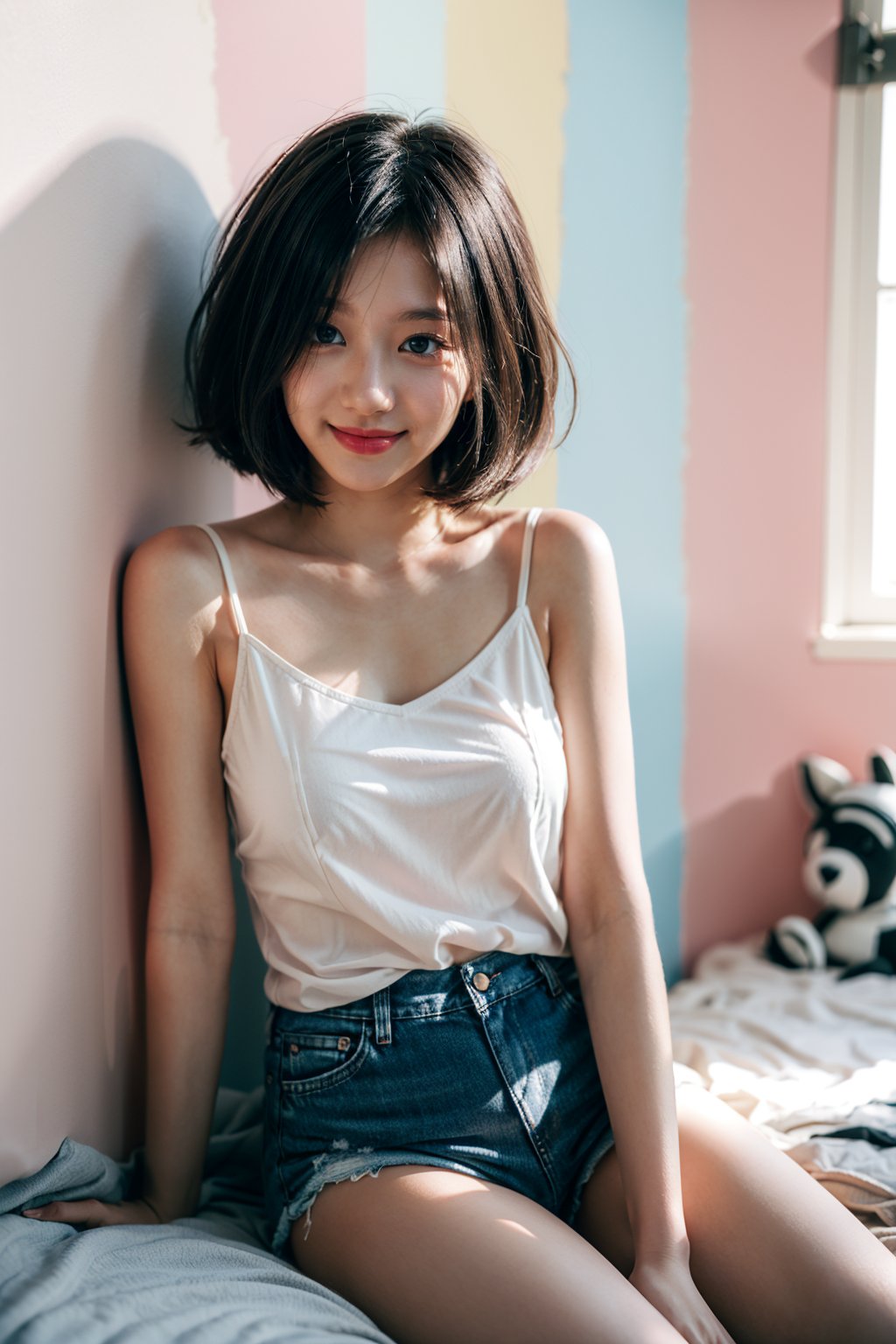 masterpiece, best-quality, photorealistic, raw photo,

1girl, 20 years old beautiful Japanese girl, large breast, pixie_haircut, white camisole, denim shorts, Detailedface,Detailedeyes

sitting on her bed, looking at viewer, cute smile,

(pink bedroom:1.4), (unpainted wall:1.6), intricately detail, (messy bedroom:1.6), (chaos:1.6)

film grain, HD, 8k, volumetric lighting, sun rays through window, window light, hair backlight, ear backlight, particle fx, mist, haze debris