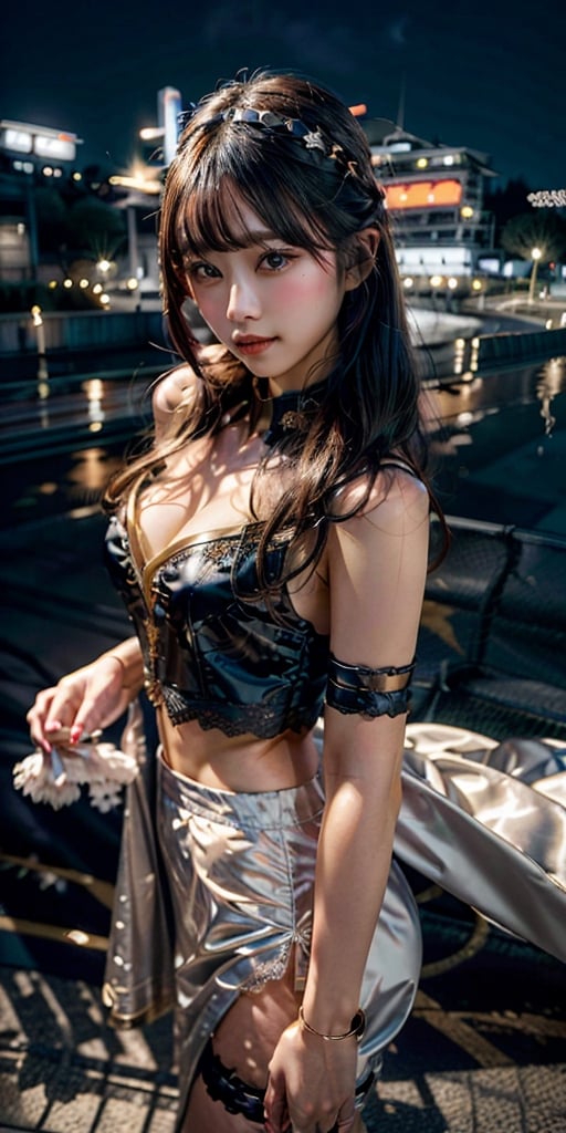 (((3 racequeen with a sexy costume in the F1 Suzuka circuit ))),(glamour:1.3) photo of a beautiful seducing woman\(girlfriend\) in her teens, perfect hands, perfect fingers, (blush:0.8), (goosebumps:0.5), realistic dull_skin, (wrinkles:0.8), feminine_bodyfigure, (absolute_cleavage:0.8), BREAK wearing Lace-trimmed peasant blouse with a tassel-tie neckline and elastic cuffs, BREAK photorealistic, (upper_body frame), hourglass body shape, (dynamic_pose), city night sky, natural_lighting, shot from above, staring_at_viewer, 50mm lens, rule_of_thirds, Fujicolor_Pro_Film, more detail 