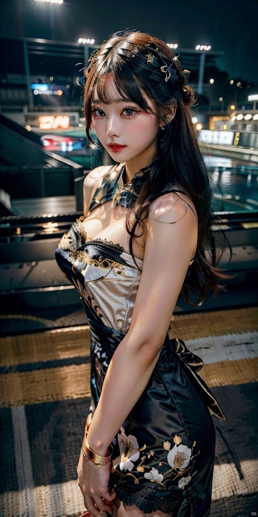 (((3 racequeen with a sexy costume in the F1 Suzuka circuit ))),(glamour:1.3) photo of a beautiful seducing woman\(girlfriend\) in her teens, perfect hands, perfect fingers, (blush:0.8), (goosebumps:0.5), realistic dull_skin, (wrinkles:0.8), feminine_bodyfigure, (absolute_cleavage:0.8), BREAK wearing Lace-trimmed peasant blouse with a tassel-tie neckline and elastic cuffs, BREAK photorealistic, (upper_body frame), hourglass body shape, (dynamic_pose), city night sky, natural_lighting, shot from above, staring_at_viewer, 50mm lens, rule_of_thirds, Fujicolor_Pro_Film, more detail 