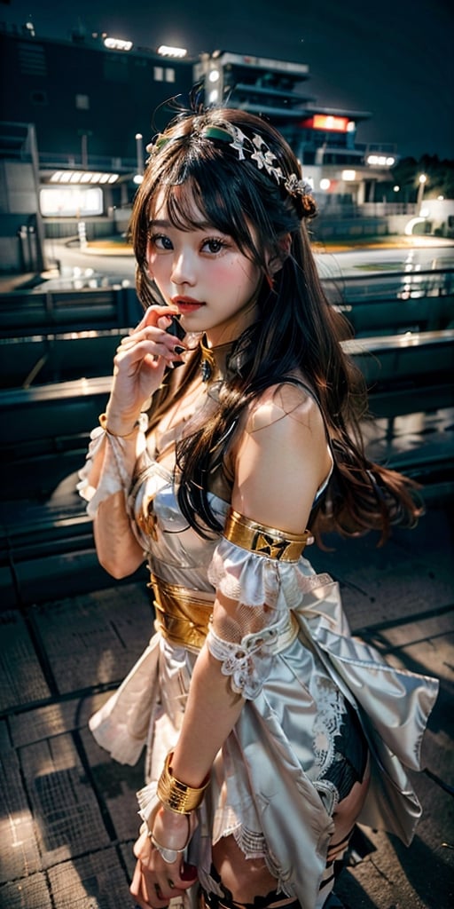 (((3 racequeen with a sexy costume in the F1 Suzuka circuit ))),(glamour:1.3) photo of a beautiful seducing woman\(girlfriend\) in her teens, perfect hands, perfect fingers, (blush:0.8), (goosebumps:0.5), realistic dull_skin, (wrinkles:0.8), feminine_bodyfigure, (absolute_cleavage:0.8), BREAK wearing Lace-trimmed peasant blouse with a tassel-tie neckline and elastic cuffs, BREAK photorealistic, (upper_body frame), hourglass body shape, (dynamic_pose), city night sky, natural_lighting, shot from above, staring_at_viewer, 50mm lens, rule_of_thirds, Fujicolor_Pro_Film, more detail 