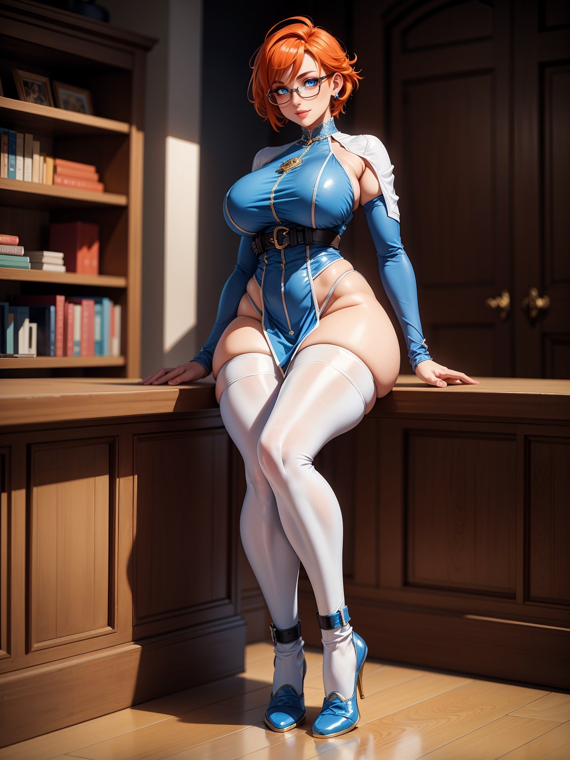 A woman, wearing heroin costume, glasses, all white with blue parts, revealing skintight costume, monstrously giant breasts, wide hips, thick thighs, big ass, curvy, orange hair, short hair, looking down on the viewer, dominant, domme, dominating, dominatrix, dominating the viewer, (((pose sitting down [leaning sensually towards viewer | dominating viewer | holding legs towards viewer]))), in a mage tower, bookshelves with books in them, ((full body):1.5), 16k, UHD, best possible quality, ultra detailed, best possible resolution, Unreal Engine 5, professional photography, well-detailed fingers, well-detailed hand, perfect_hands,3DMM