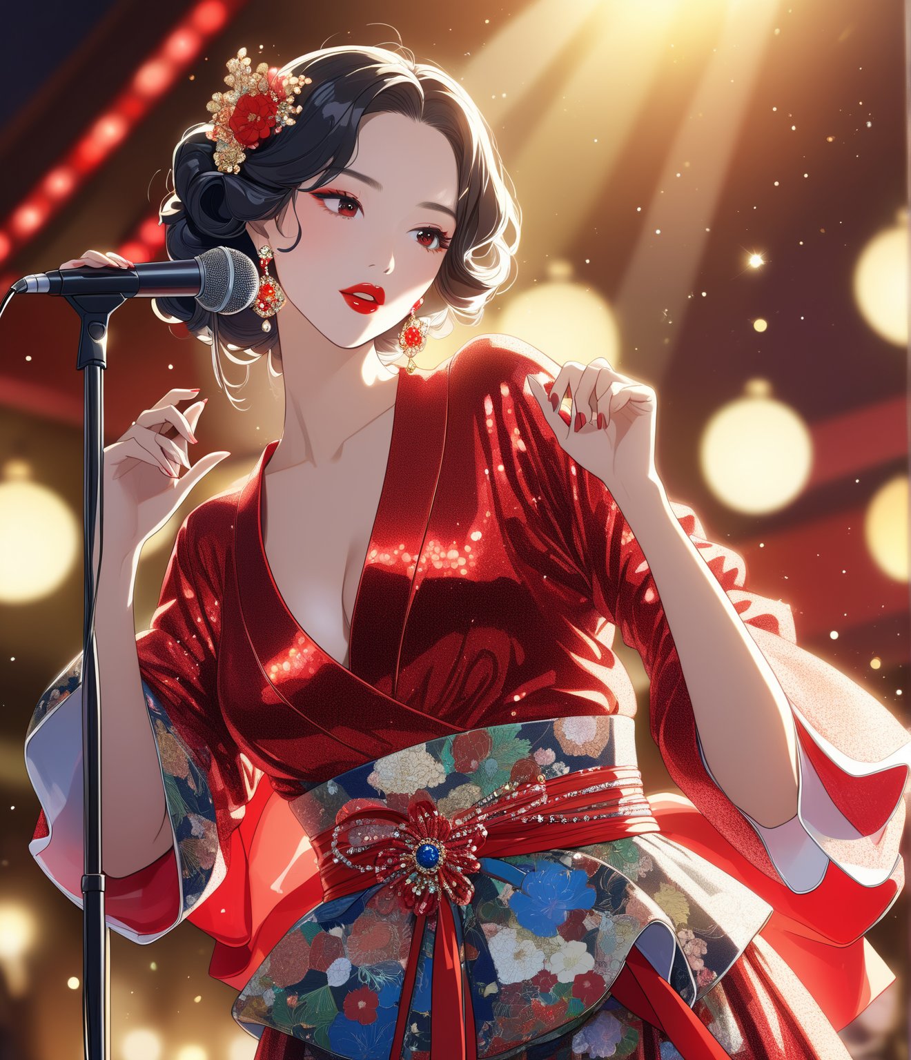 Masterpiece, 4K, ultra detailed, beautiful woman singing in Karaoke, glossy red lips and glamours makeup, dangling earring and crystal waist sash, elegant and fancy dress, mic stand, SFW, depth of field, backlighting, ukiyoe Art Style,