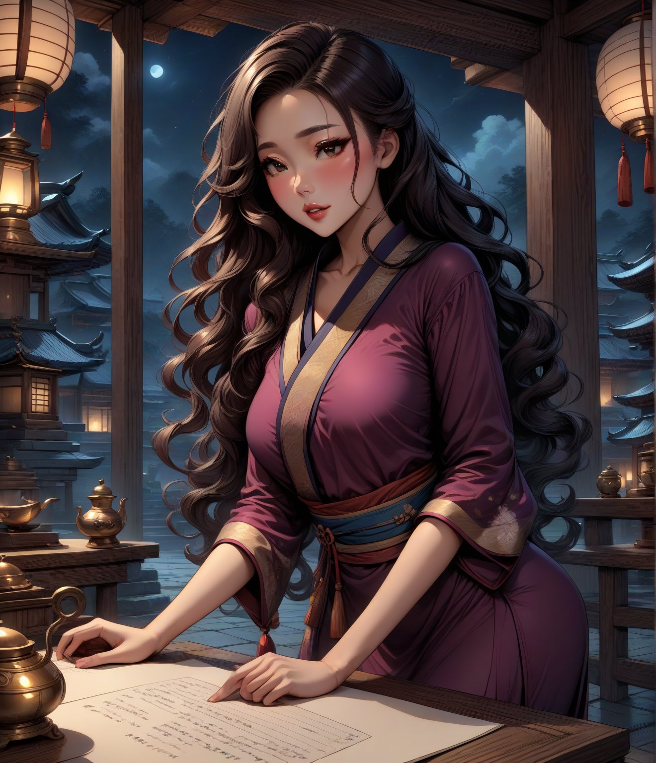 Masterpiece, 4K, ultra detailed, Sketchbook Style, 1 beautiful woman with long wavy hair and glossy lips wearing traditional Asian outfit, paper scroll on table, in shrine at night, oil lamp, windy, SFW, depth of field,