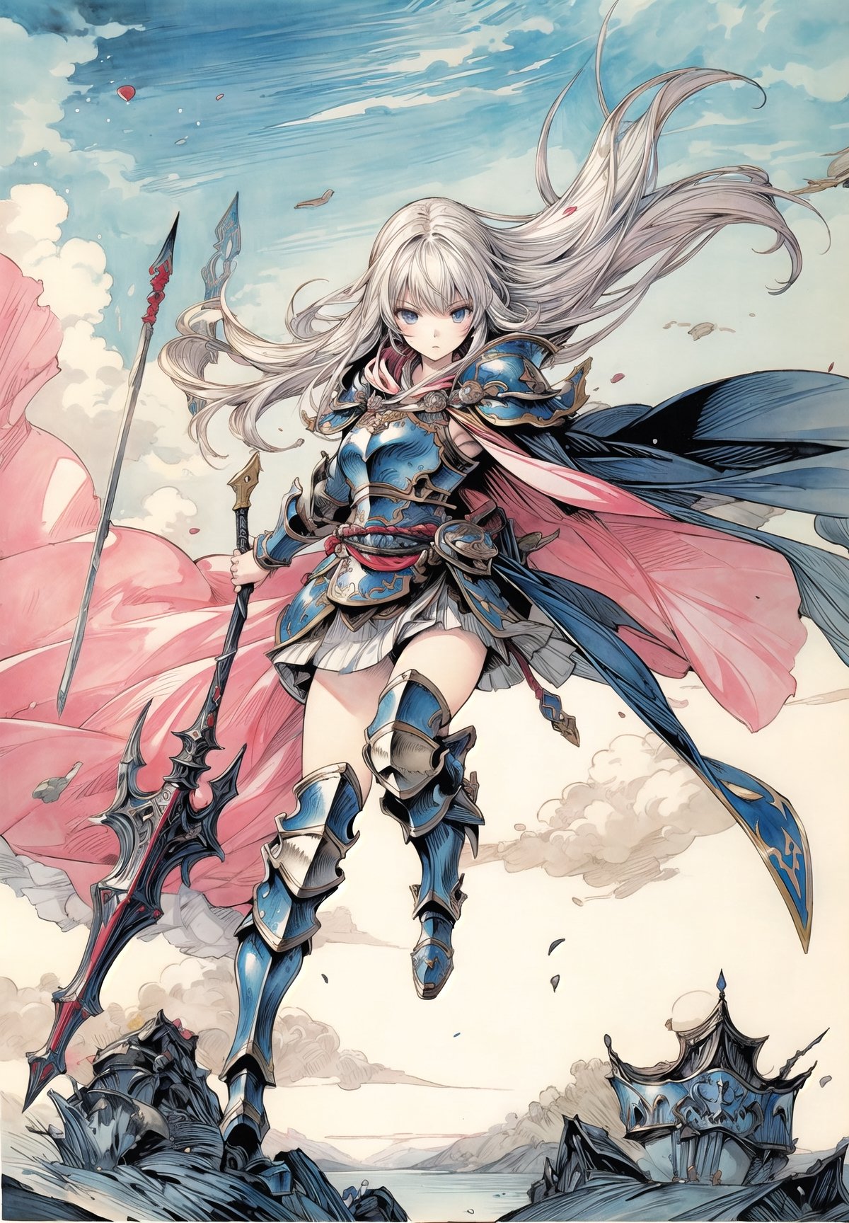 Full body, 1girl Warrior wearing armor and helmet, cape, amano yoshitaka, traditional media, fantasy illustration, soft colors, final fantasy, windy, dynamic poses, 
